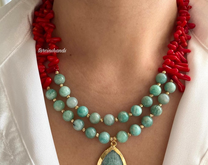 Multistrand Red Coral Amazonite Gold Filled Necklace,Double Strand Beaded Natural Red Coral Necklace,Red and Blue Semi Precious Stone