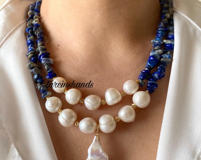 Multistrand Lapis Lazuli and Pearl Gold Necklace with Baroqur Pearl Pendant,Navy Blue Semi Precious Stone and Real Pearl Necklace Gift