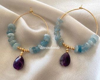 Aquamarine and Amethyst Gold Filled Hoop Earrings, Teardrop Amethyst Earrings, Gemstone Hoop Earrings,Blue and Purple Stone Earrings