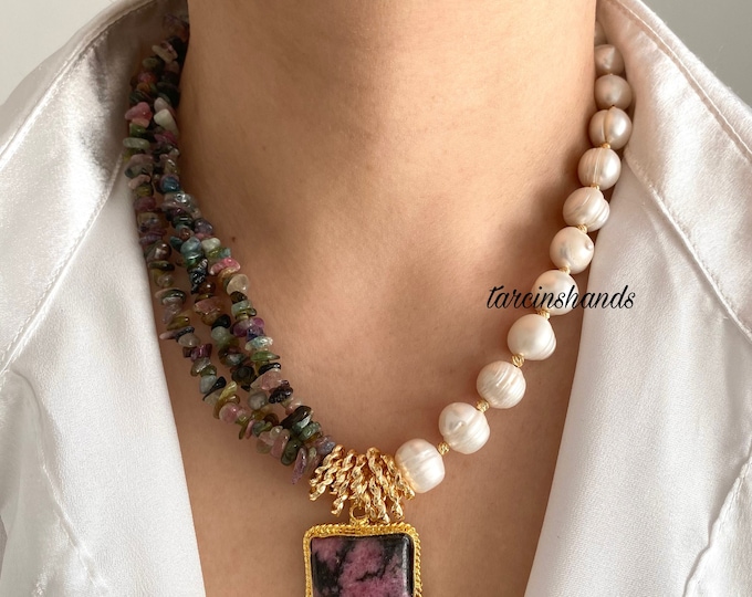 Multistrand Tourmaline and Baroque Pearl Gold Necklace with Rhodonite Pendant , Gemstone and Pearl Necklace , Statement Gemstone Necklace