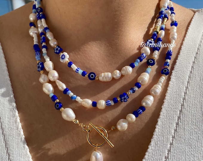 Multistrand Freshwater Pearl Evil Eye and Seed Bead Gold Filler Necklace with T Bar Clasp, Toggle Seed Bead Pearl Blue Necklace,Gift Jewelry
