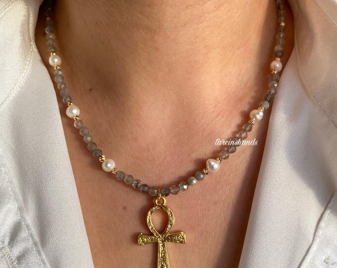 Minimalist Labradorite and Tiny Freshwater Pearl Gold Ankh Necklace, Beaded Natural Labradorite Necklace with Key Of Life Pendant