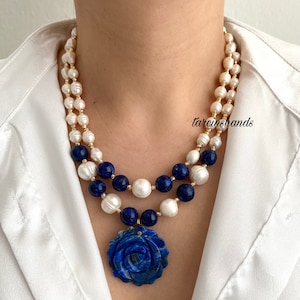 Gold-Plated Lapis Lazuli & Pearl Necklace: Rose Pendant, Multistrand