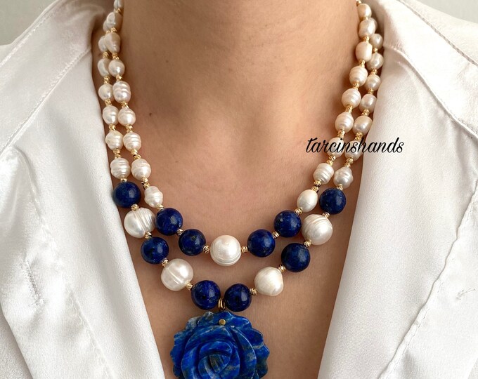 Multistrand Lapis Lazuli Pearl Necklace , Gold Lapis Lazuli Beaded Necklace , Natural Lapis Lazuli Chunky Necklace , Gift For Women