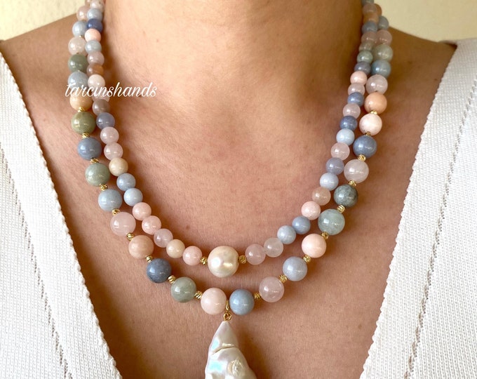 Morganite Necklace,Multistrand Morganite Necklace with Rearl Large Baroque Pearl Pendant Pastel Color Semi Precious Stone Statement Necklace