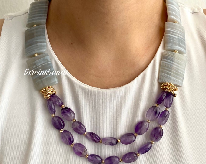 Multistrand Amethyst Chalcedony Gold Filled Big Bold Necklace , Layered Gemstone Necklace , Chunky Gemstone Necklace , Statement Amethyst