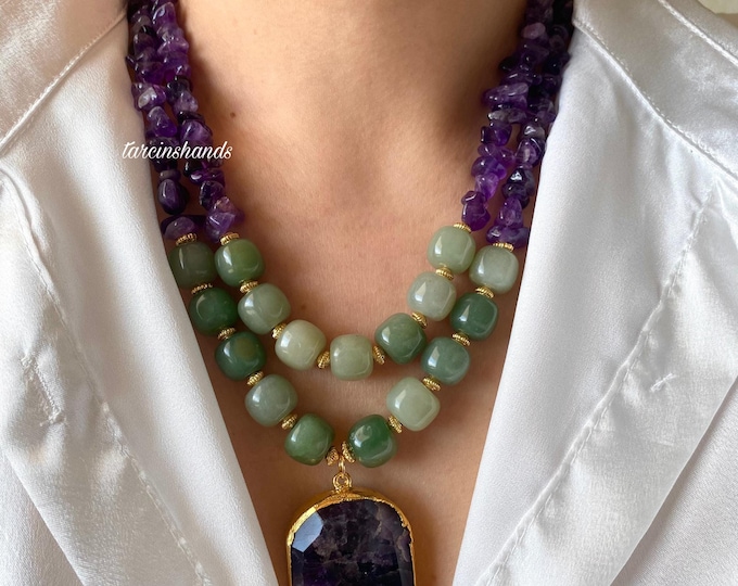 Multistrand Amethyst and Aventurine Gold Necklace , Chunky Semi Precious Stone Layered Necklace , Christmas Gift Necklace , Boho Jewelry
