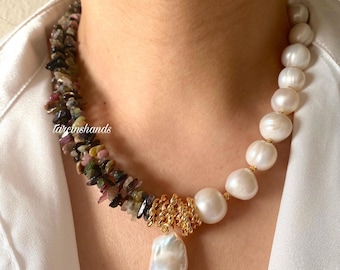 Tourmaline Baroque Pearl Necklace: Gold-Plated Half-Half Design Gift