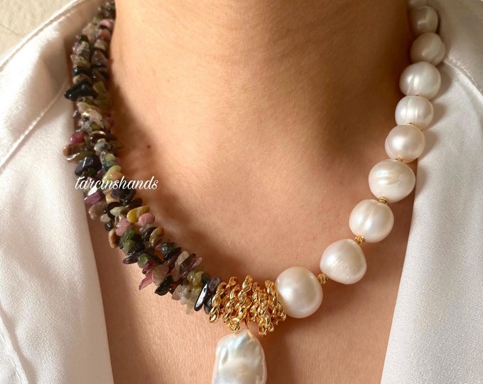 Multistrand Tourmaline and Baroque Pearl Half Half Gold Filled Necklace with Pearl Pendant, Statement Unique Pearl and Gemstobe Necklace
