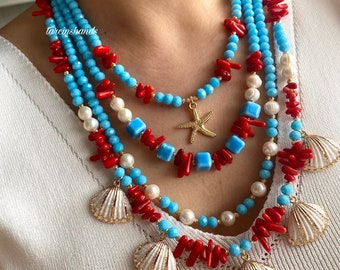 Red Coral Multistrand Necklace: Freshwater Pearl & Seashell Boho Jewelry
