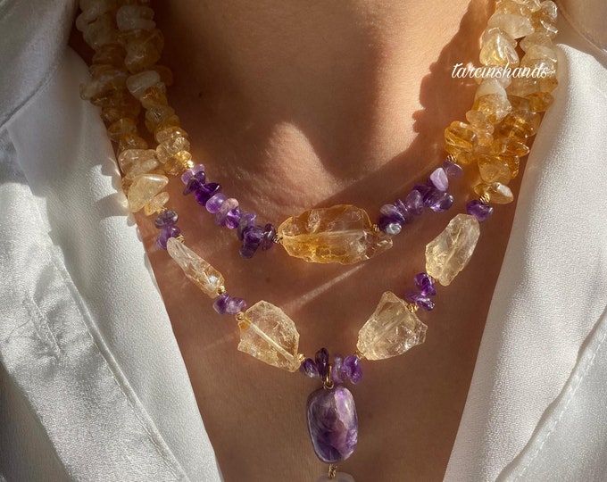 Multistrand Raw Citrine and Amethyst Gold Filled Necklace , Chunky Natural Citrine Necklace,Rock Necklace, Semi Precious Stone Necklace