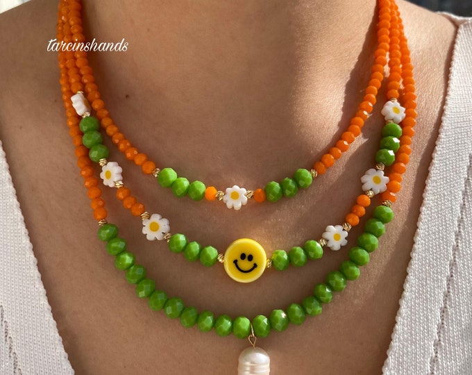 Multistrand Smiley Face Orange and Green Glass Bead Gold Filled Necklace with Freshwater Pearl Pendant,One Pearl Necklace,Funky Necklace
