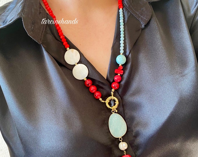 Red Coral Amazonite and Pearl Gold Toggle Necklace, Multistone Lariat Necklace,Boho Natural Coral Pearl Long Necklace,Unique Gemstone