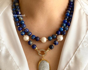 Multistrand Lapis Lazuli and Pearl Gold Necklace with Moonstone Pendant , Statement Lapis Lazuli Necklace , Navy Blue Gemstone Gold Necklace