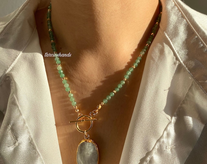 Dainty Aventurine Beaded Moonstone Pendant Gold Toggle Necklace , Minimalist Green Gemstone Necklace , Gift For Women Birthday ,Natural Gem