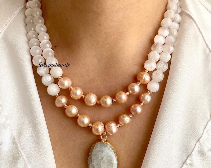 Multistrand Selenite and Pink-Salmon Real Pearl Gold Necklace with Moonstone Pendant , Pearl and White Gemstone Statement Necklace , Gift