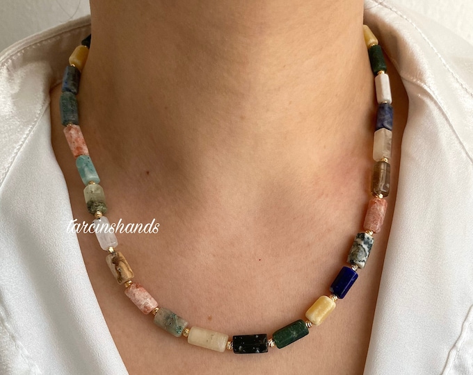 Mixed Gemstone Gold Filled Chakra Necklace , Beaded Chakra Necklace , Mismatched Minimalist Gemstone Necklace , Crystal Healing Necklace