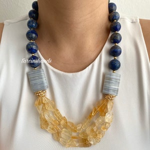 Gold-Plated Lapis Lazuli, Chalcedony & Raw Citrine Statement Necklace