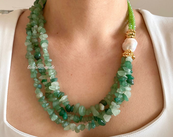 Multistrand Aventurine Baroque Pearl Gold Necklace , Green Gemstone Statement Necklace ,Beaded Aventurine Necklace , Gift For Women Birthday