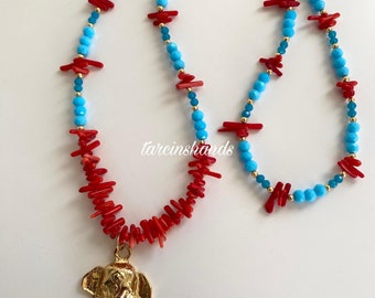 Red Coral Elephant Pendant Necklace: Gold-Plated Boho Evil Eye Necklace