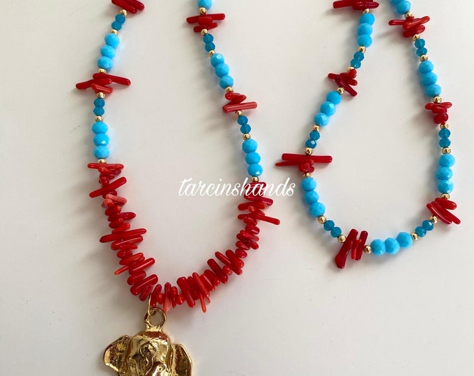 Red Coral Long Necklace with Elephant and Evil Eye Pendant,Gold Filled Natural Red Coral Blue Glass Bead Boho Necklace For Women,Chunky Gift
