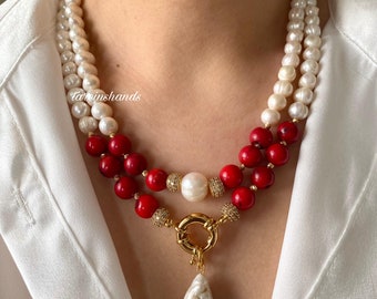 Natural Red Coral and Pearl Gold Filled Multistrand Necklace with Baroque Pearl Pendant,Multistrand Gemstone and Pearl Statement Necklace