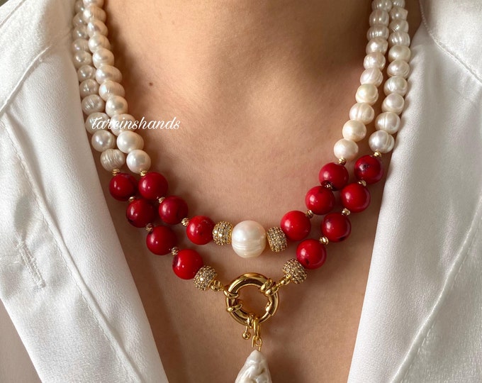 Natural Red Coral and Pearl Gold Filled Multistrand Necklace with Baroque Pearl Pendant,Multistrand Gemstone and Pearl Statement Necklace