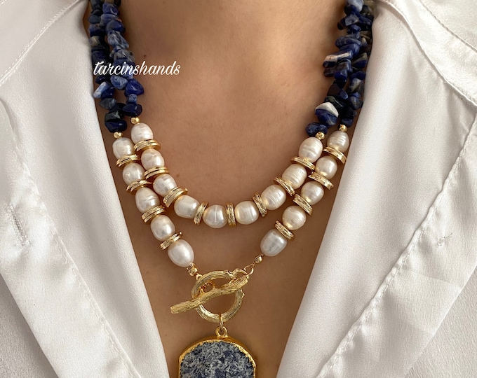 Multistrand Sodalite and Natural Pearl Gold Toggle Necklace , Layered Deep Blue Gemstone Necklace , Natural Stone Necklace,Christmas Gift