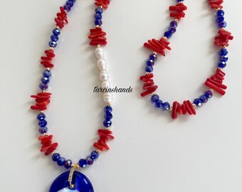 Red Coral Beaded Necklace: Evil Eye Charm, Freshwater Pearls, Gold Toggle
