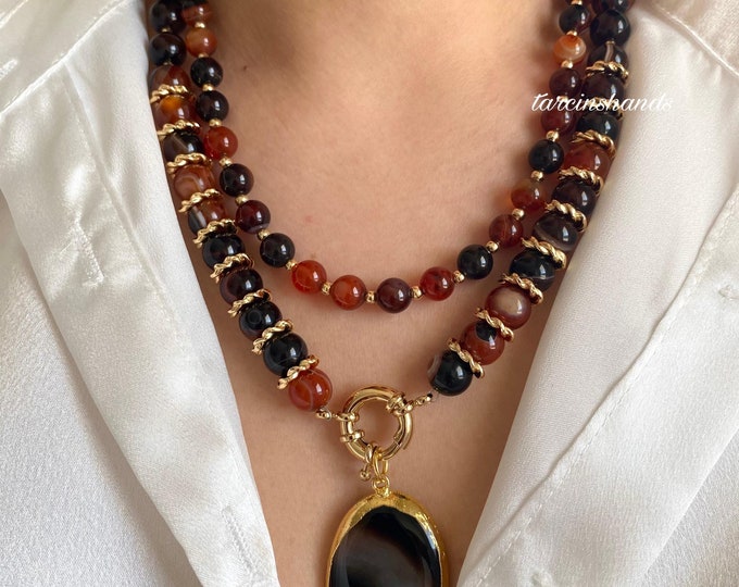 Multistrand Moss Agate Gold Filled Necklace,Earthy Gemstone Statement Necklace,Chunky Agate Bead Necklace,Boho Agate Necklace