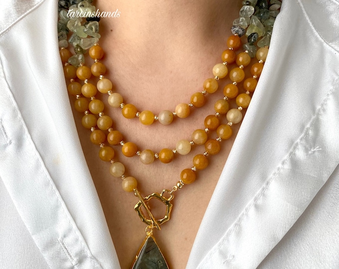 Multistrand Prehnite and Orange Agate Gold Toggle Necklace ,Orange and Green Gemstone Layered Necklace ,Multistrand Beaded Gemsrone Necklace