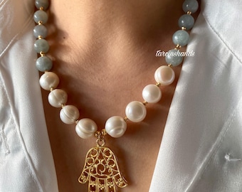 Aquamarine and Baroque Pearl Necklace with Hand Of Fatima Pendant, Hamsa Necklace with Gemstone , Natural Aquamarine Pearl Necklace