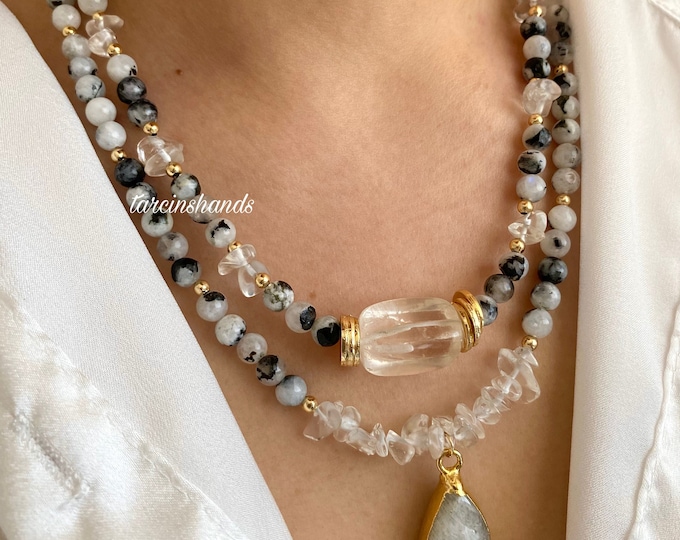 Multistrand Moonstone and Clear Quartz Gold Necklace , Dainty Multistrand Gemstone Necklace , Statement Gemstone Necklace , Gift For Women
