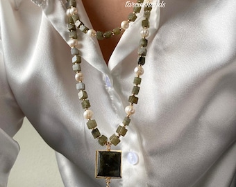 Multistrand Labradorite and Pearl Gold Filled Necklace,Baroque Pearl Semi Precious Stone Necklace,Statement Dainty Gemstobe Necklace