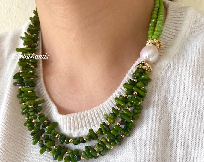 Multistrand Green Coral and Baroque Pearl Gold Necklace, Chunky Coral Necklace, Statement Coral Necklace, Gift For Women