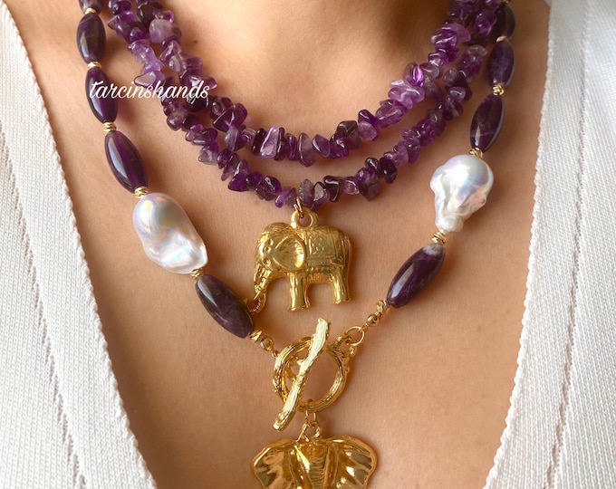 Multistrand Amethyst and Baroque Pearl Gold Toggle Necklace with Elephant Pendants, Chunky Amethyst Beaded Necklace, Semi Precious Stone