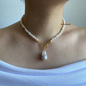 Unique Baroque Pearl  Gold Toggle Pendant: Bridal Bridesmaid Necklace, Anniversary Special Gifts for Her
