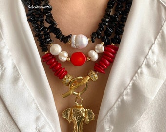Multistrand Obsidian Red Coral Baroque Pearl Gold Toggle Necklace with Elephant Pendant , Black Gemstone Necklace , Chunky Boho Necklace