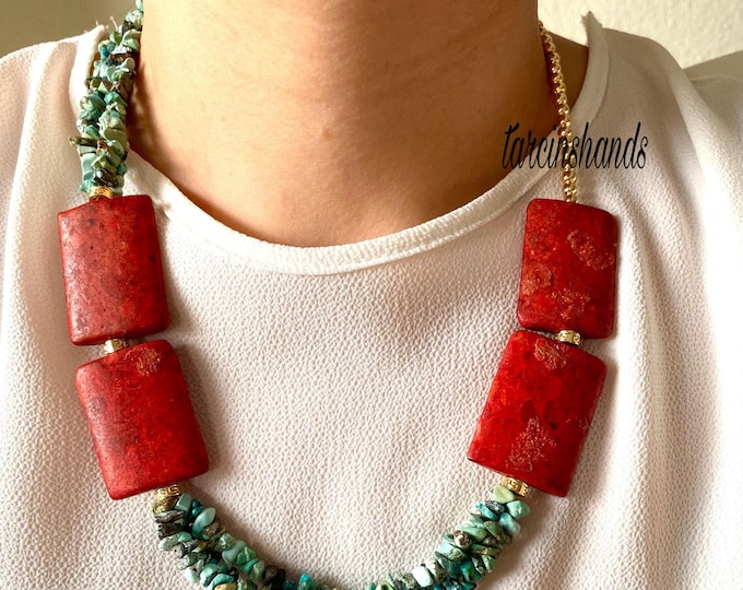 Natural Red Coral and Turquoise Gold Necklace , Multistrand Red Coral Turquoise Necklace , Red Semi Precious Stone Necklace , Gift For Women