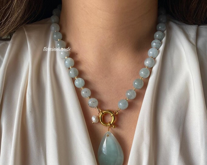 Aquamarine Necklace,Light Blue Semi Precious Stone Necklace,Beaded Aquamarine Gold Necklace,Chunky Statement Gemstone Necklace