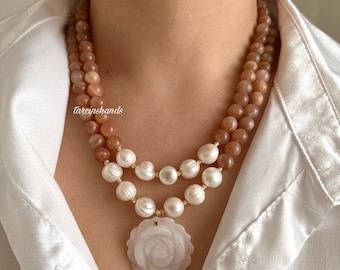 Multistrand Sunstone Pearl Gold Necklace with Quartz Rose Pendant , Natural Sunstone Necklace , Baroque Pearl Gemstone Gold Necklace