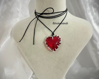 Soft metal necklace with spiky red glass heart pendant necklace , gothic heart necklace , chunky heart necklace , cybery2k jewelry