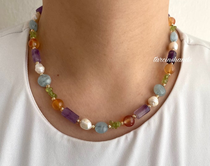 Mixed Gemstone and Pearl Gold Necklace , Mismatched Natural Stone Necklace , Multistone Necklace , Gift For Her , Beaded Gemstone Pearl