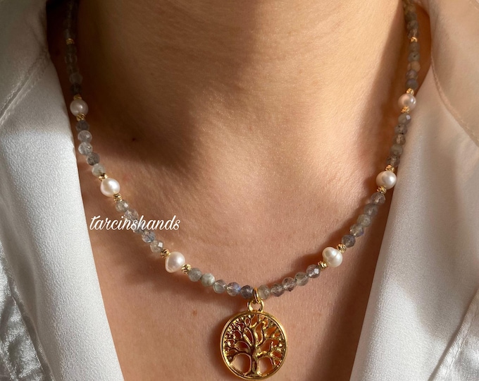 Minimalist Labradorite and Tiny Pearl Gold Necklace with Tree Pendant, Gray Semi Precious Stone Necklace , Gift For Women Birthday