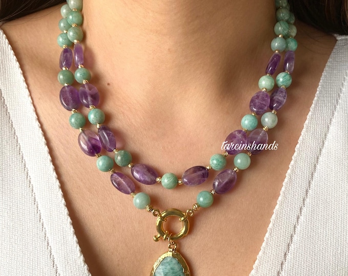 Multistrand Amazonite and Amethyst Gold Necklace,Blue and Purple Semi Precious Stone Necklace, Statement Gemstone Necklace , Gift For Mom