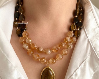 Multistrand Citrine and Tiger's Eye Gold Necklace  with Tiger's Eye Stone Pendant , Brown and Yellow Gemstone Necklace , Statement Gemstone