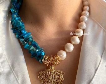 Apatite & Baroque Pearl Necklace: Gold Coral Statement Jewelry