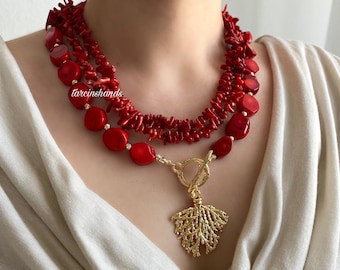 Multistrand Red Coral Necklace with Gold Plated Coral Pendant - Bohemian Style