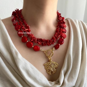 Multistrand Red Coral Necklace with Gold Plated Coral Pendant Bohemian Style image 1