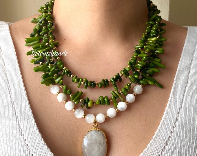 Multistrand Green Coral and Selenite Gold Necklace with Moonstone Pendant, Green Semi Precious Stone Necklace , Layered Chunky Gemstone